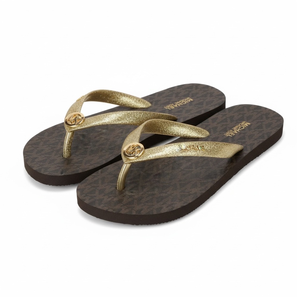 Michael Kors Gold Strap Brown Logo Flip Flop Sandals NEW